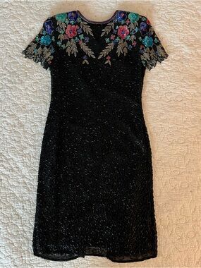 Vintage beaded black mini dress, colorful floral sequin detailing, back cutout